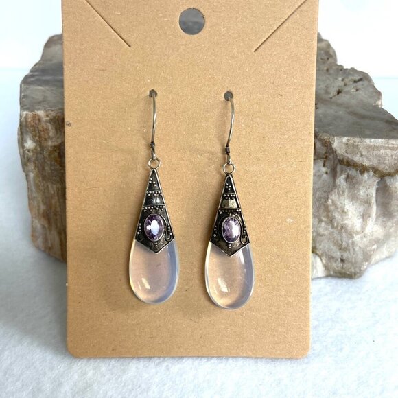 Sterling Silver 925 Oval Bezel Set Amethyst & Opalite Teardrop Dangle Earrings - Picture 7 of 16